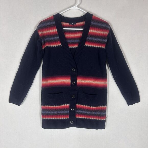 Gap Lambswool Cardigan Sweater Womens Small Long Sleeve Button Down Blue Aztec - Picture 1 of 9